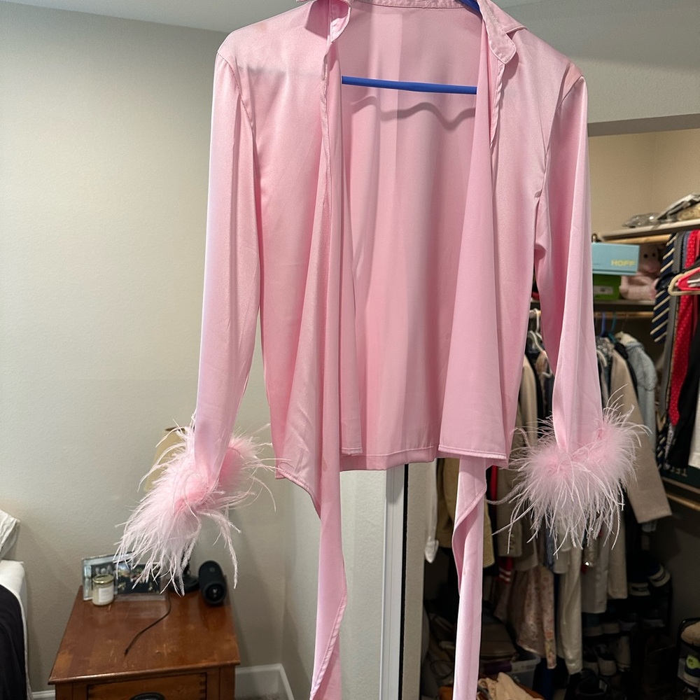 Pink Feather Trim Tie Top